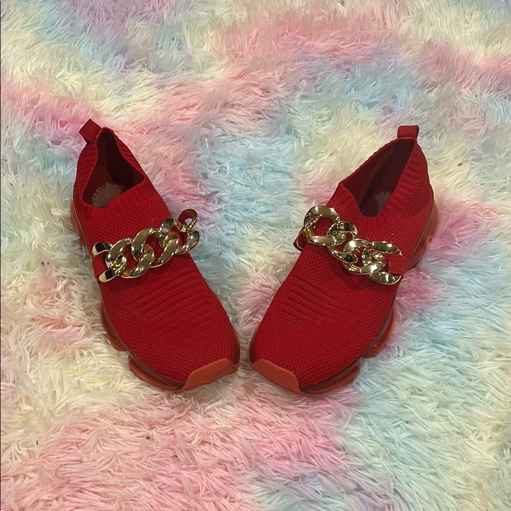 Red Slip-On Sneakers with Gold Chain